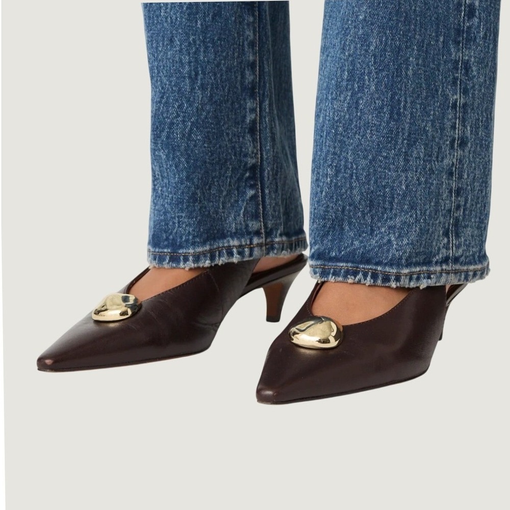 Madewell Emillie Brown Leather Pointed Toe Gold Button Slingback Kitten Heel 8.5